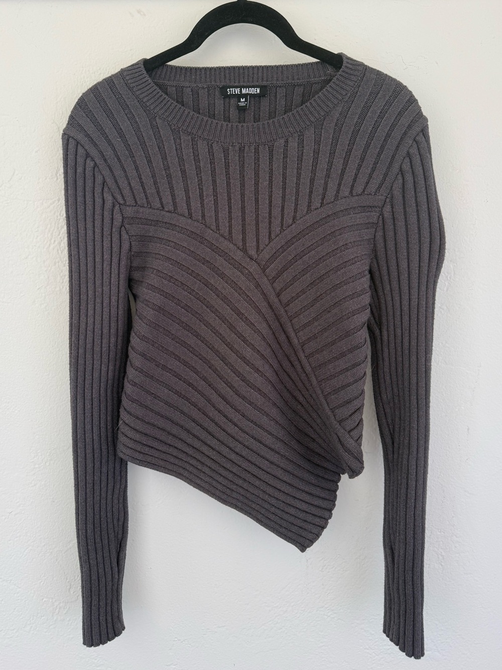 Steve Madden Charcoal Ribbed Asymmetrical Crewneck Sweater